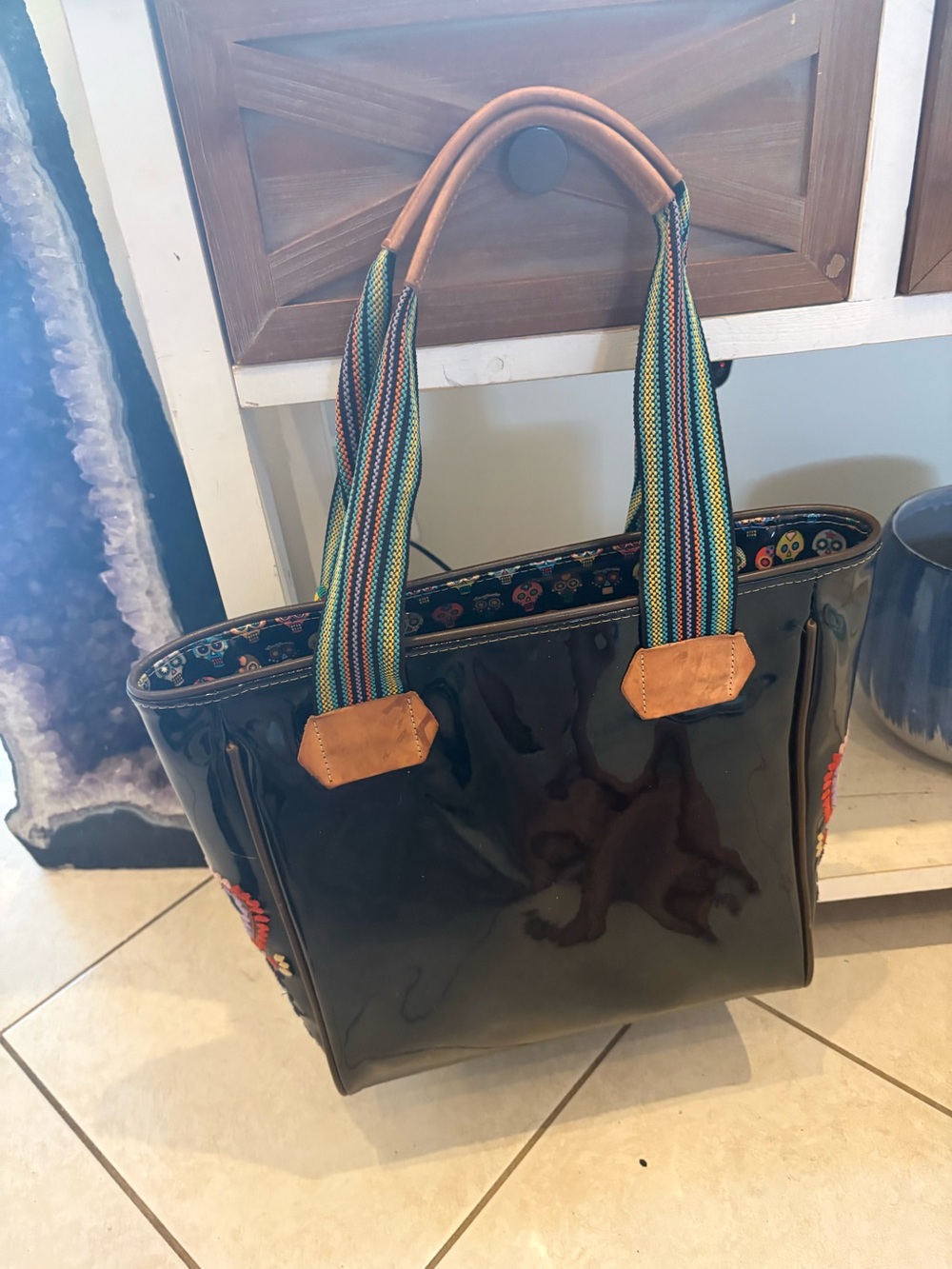 Consuela Black Patent Poppy Floral-Embroidered Tote with Colorful Striped Handle - Picture 5 of 8